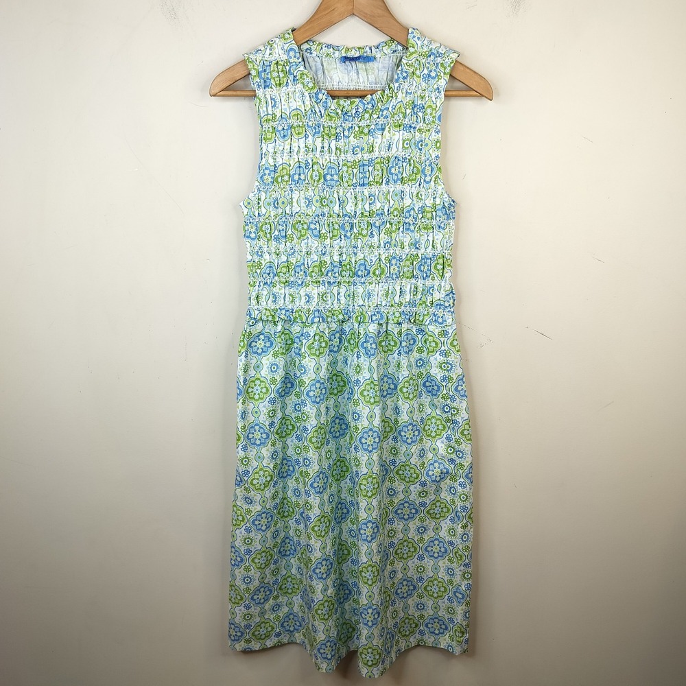 J. McLaughlin Ciri Smocked Sleeveless Midi Dress Small Linen Cotton Blue Green